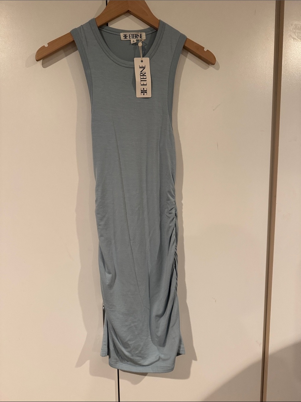 Carrie Eterne Light Blue Sleeveless Ruched Tank Midi Dress